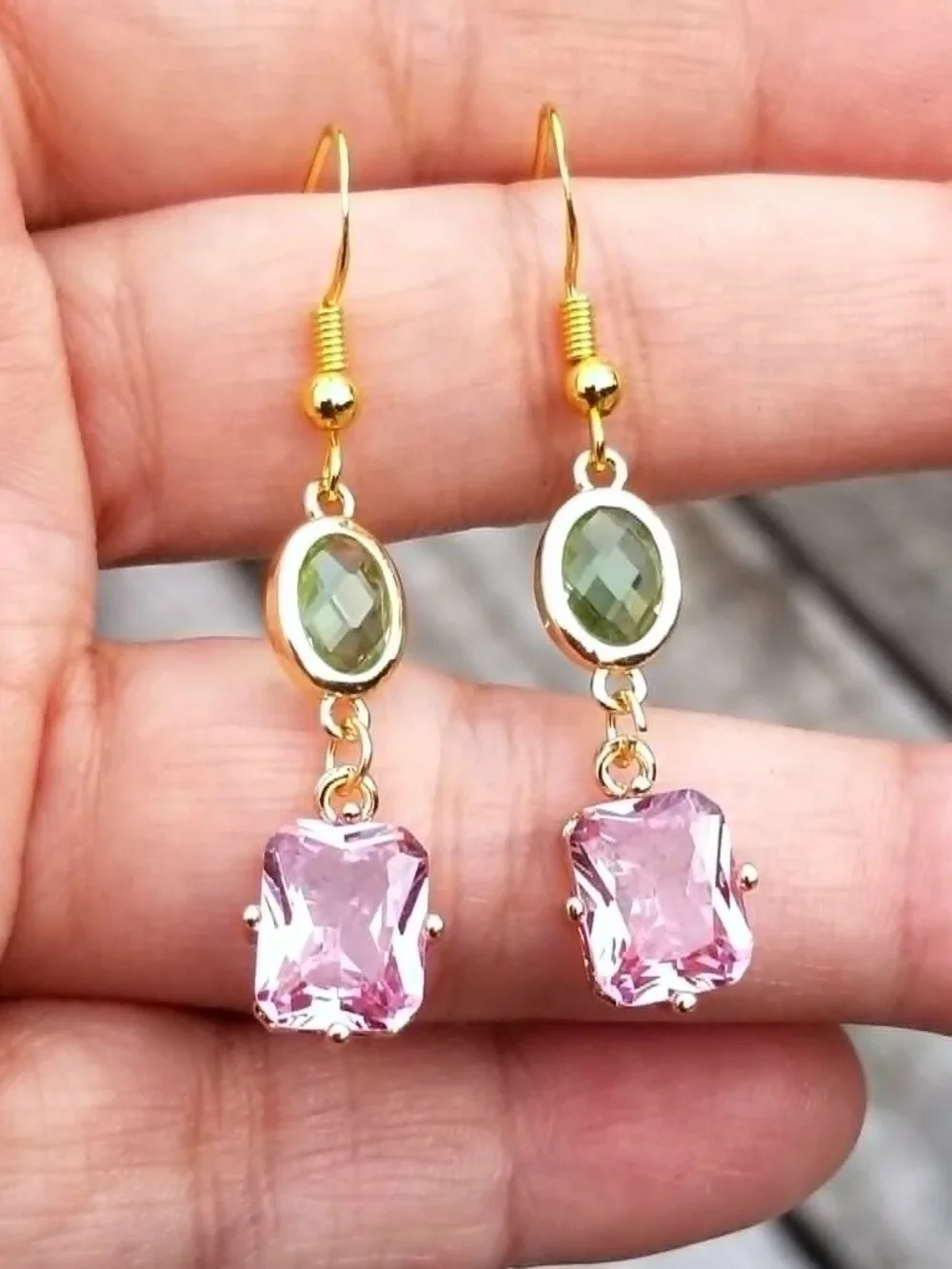 14k Gold Pink Tourmaline & Peridot Dangle Earrings, Tourmaline Peridot Jewelry